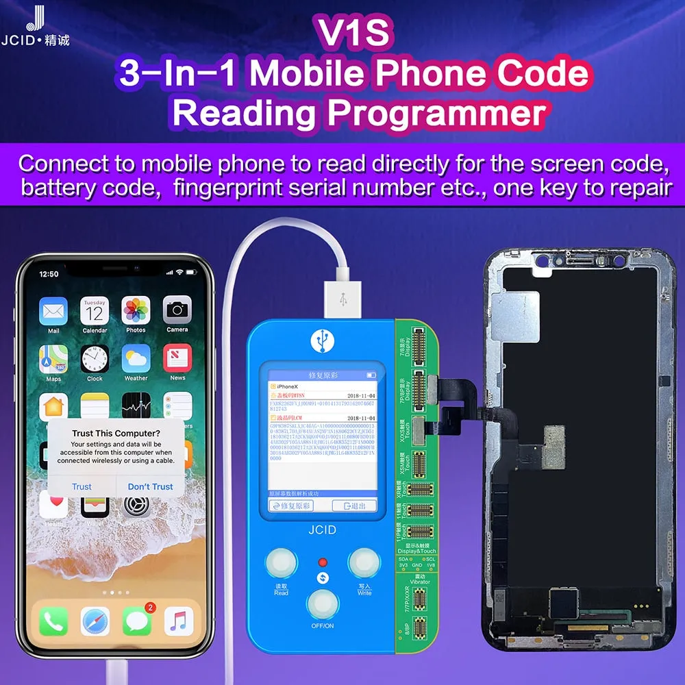 JC V1S for iPhone 7 8 X XS MAX 11 Pro Max Photosensitive Original Color Touch Shock Battery Fingerprint Serial Number Programmer — image 1